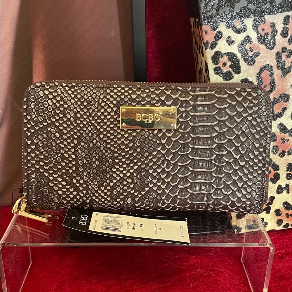 BCBG PARIS DARK BROWN SNAKE EMBOSSED ZIP AROUND WALLET